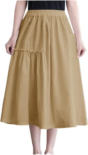 2024 Summer Skirt for Women Casual Pleated Elegant Solid Color Midi Skirts Elastic Waist Flowy Skirt with Pocket