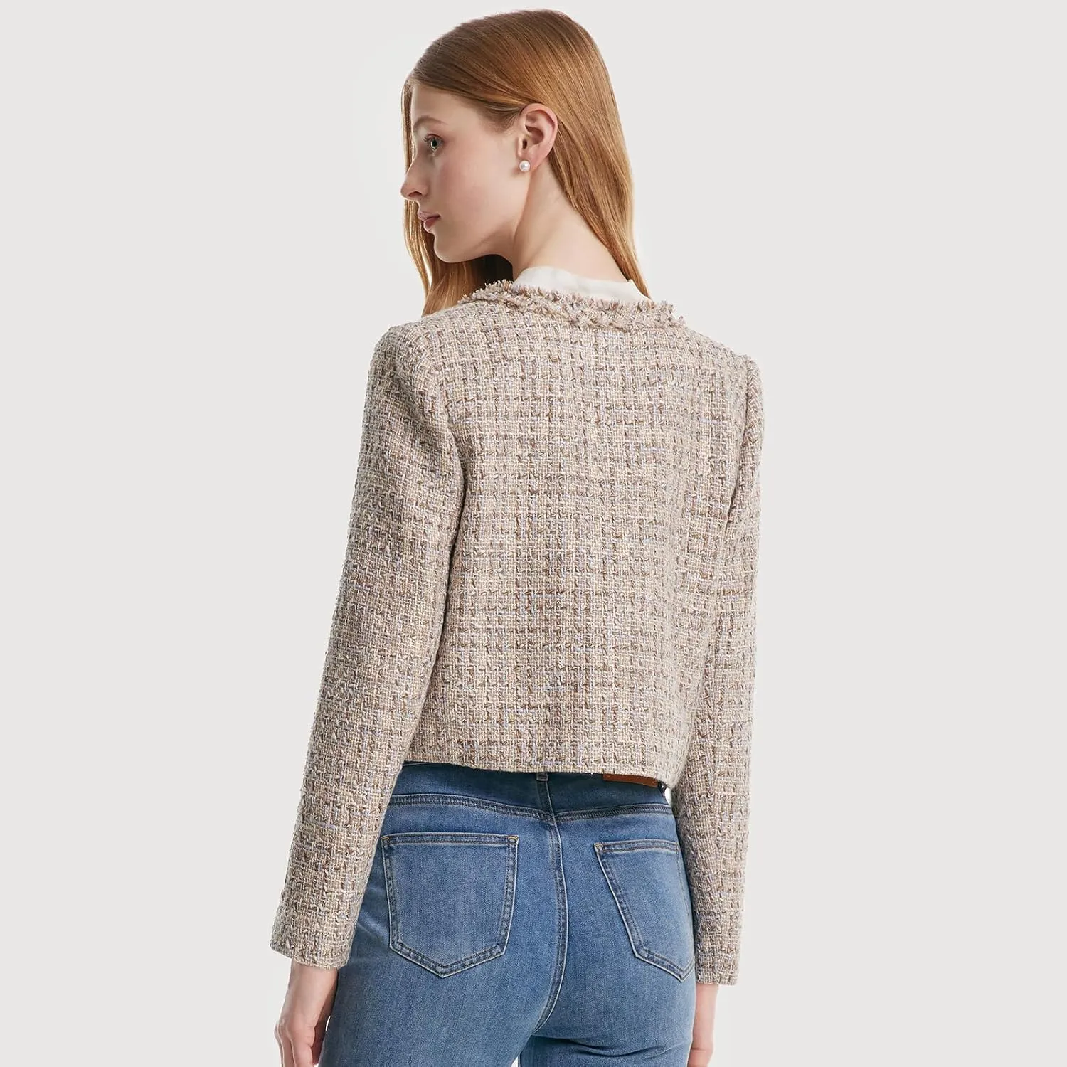 2025 Classic Tweed Blazers for Women Long Sleeve Cropped Casual Work Suit Jacket Work Blazer