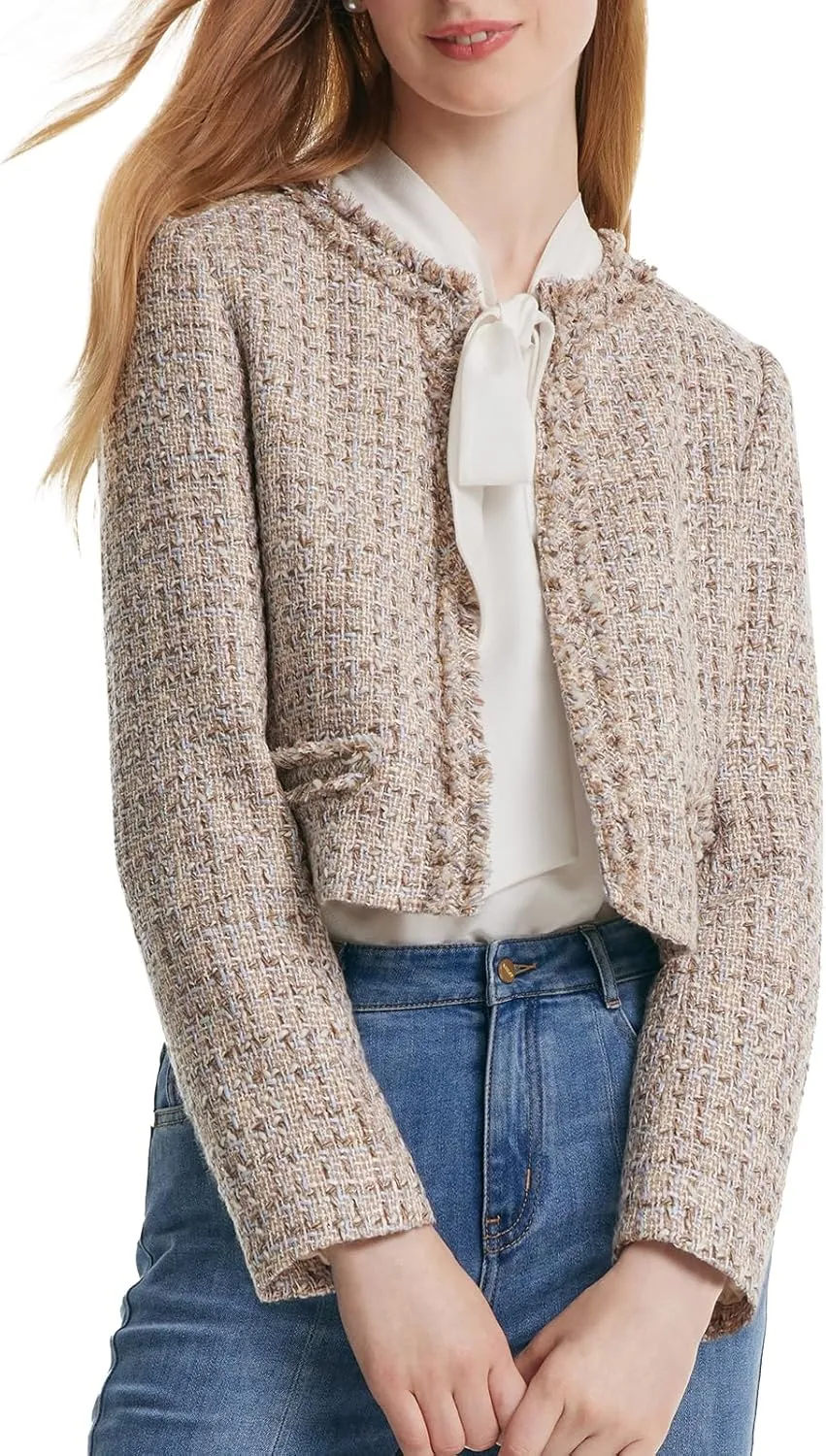 2025 Classic Tweed Blazers for Women Long Sleeve Cropped Casual Work Suit Jacket Work Blazer