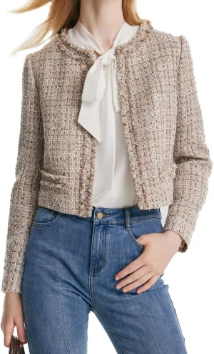 2025 Classic Tweed Blazers for Women Long Sleeve Cropped Casual Work Suit Jacket Work Blazer