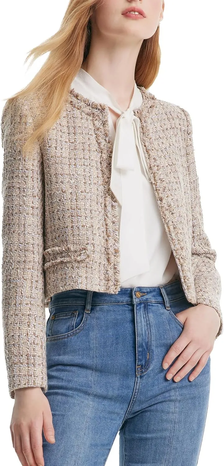2025 Classic Tweed Blazers for Women Long Sleeve Cropped Casual Work Suit Jacket Work Blazer