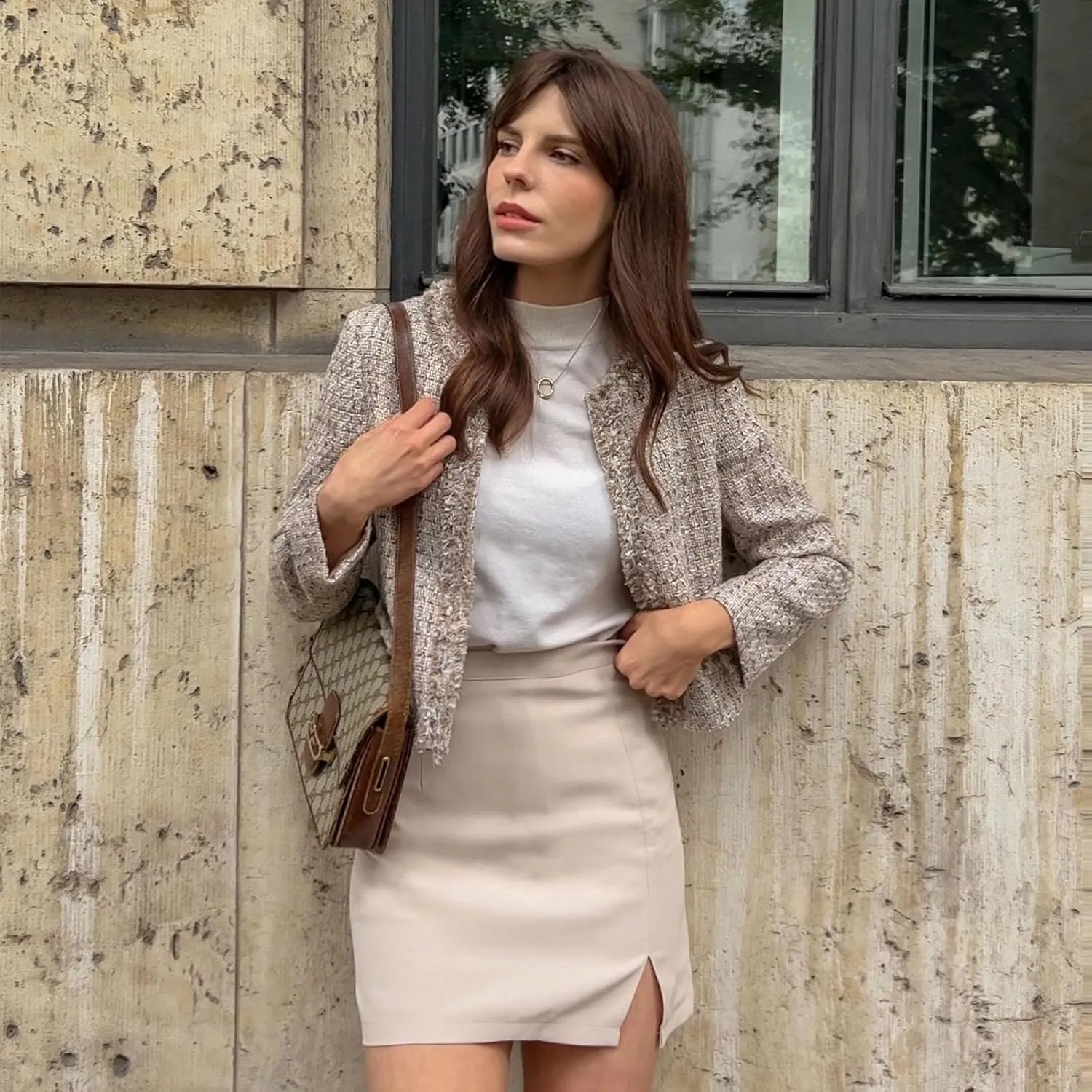 2025 Classic Tweed Blazers for Women Long Sleeve Cropped Casual Work Suit Jacket Work Blazer