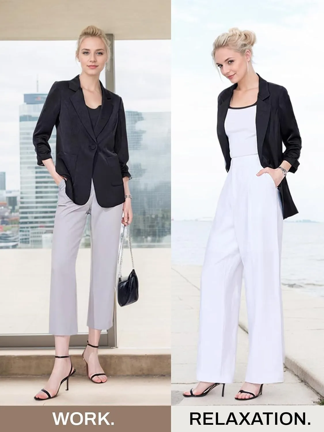 2025 Summer Linen Blazer Women Lightweight 3/4 Stretchy Ruched Sleeve Fully-Lined Casual Work Jacket with Pockets