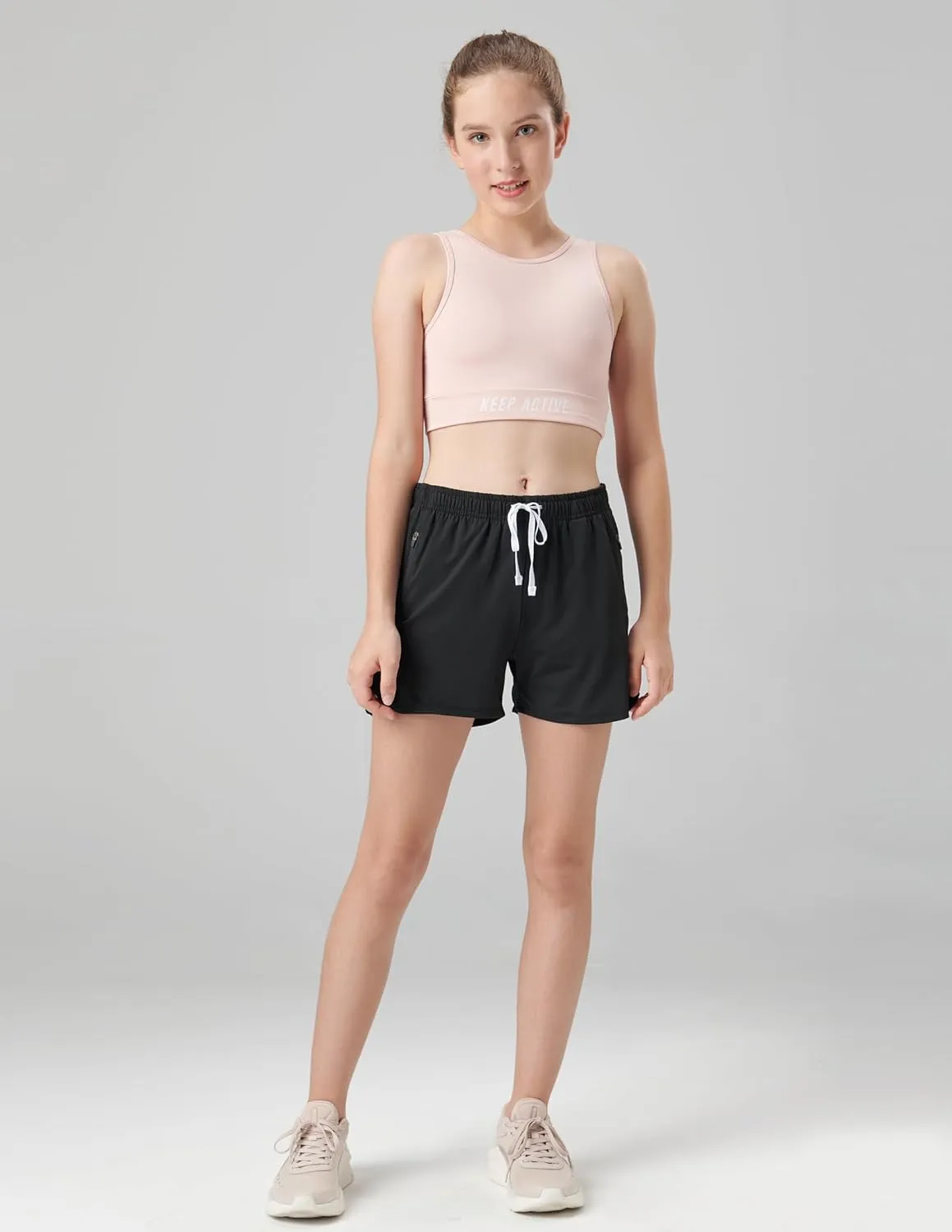 4 Pack Youth Girls Athletic Shorts 3", Girls Soccer Shorts, Kids Workout Gym Clothes Activewear Apparel with Zipper Pockets