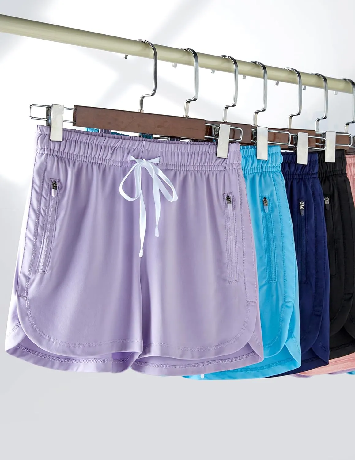 4 Pack Youth Girls Athletic Shorts 3", Girls Soccer Shorts, Kids Workout Gym Clothes Activewear Apparel with Zipper Pockets