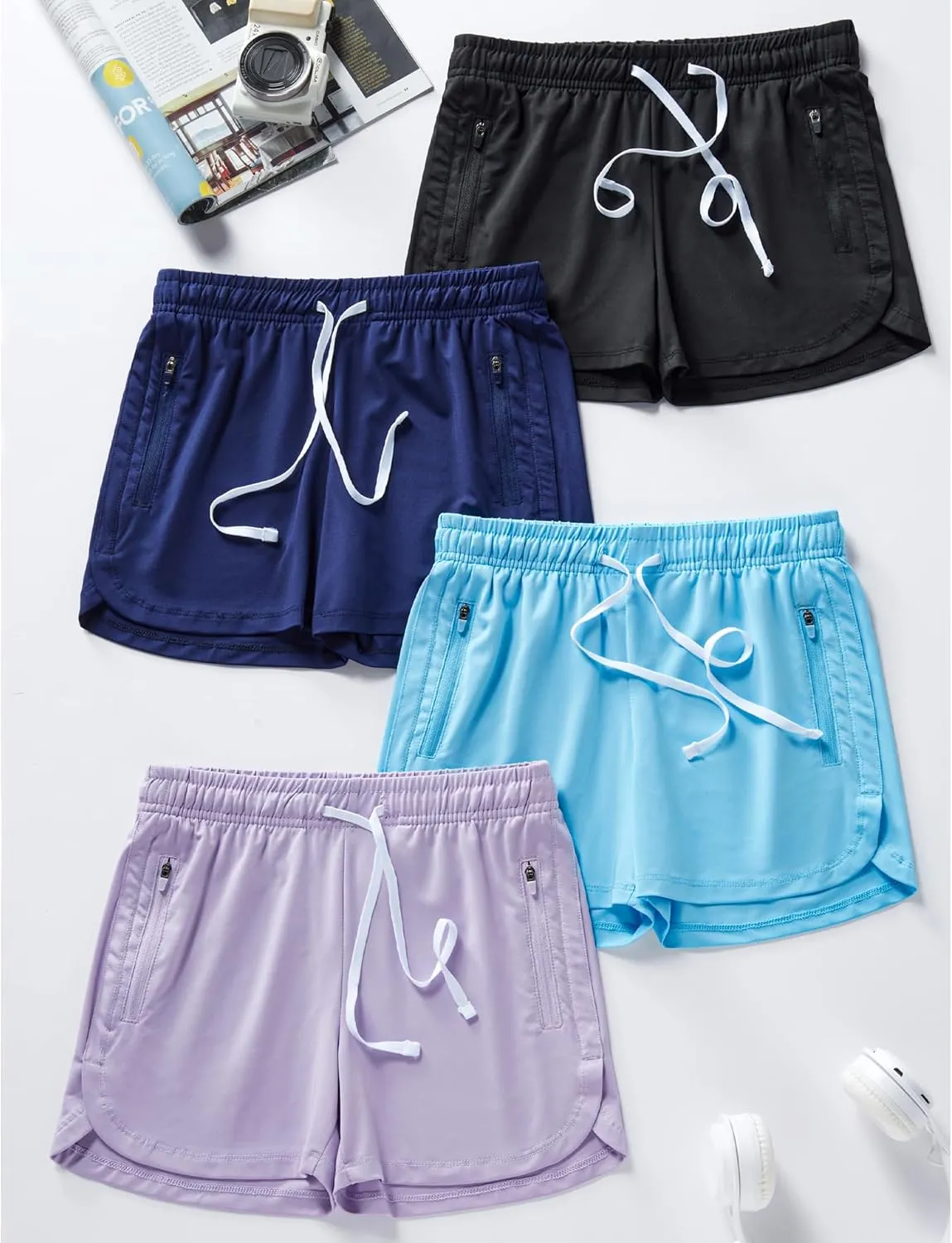 4 Pack Youth Girls Athletic Shorts 3", Girls Soccer Shorts, Kids Workout Gym Clothes Activewear Apparel with Zipper Pockets