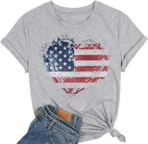 4th of July Shirts Women American Flag Patriotic T-Shirts USA Star Stripes Graphic Tee Tops