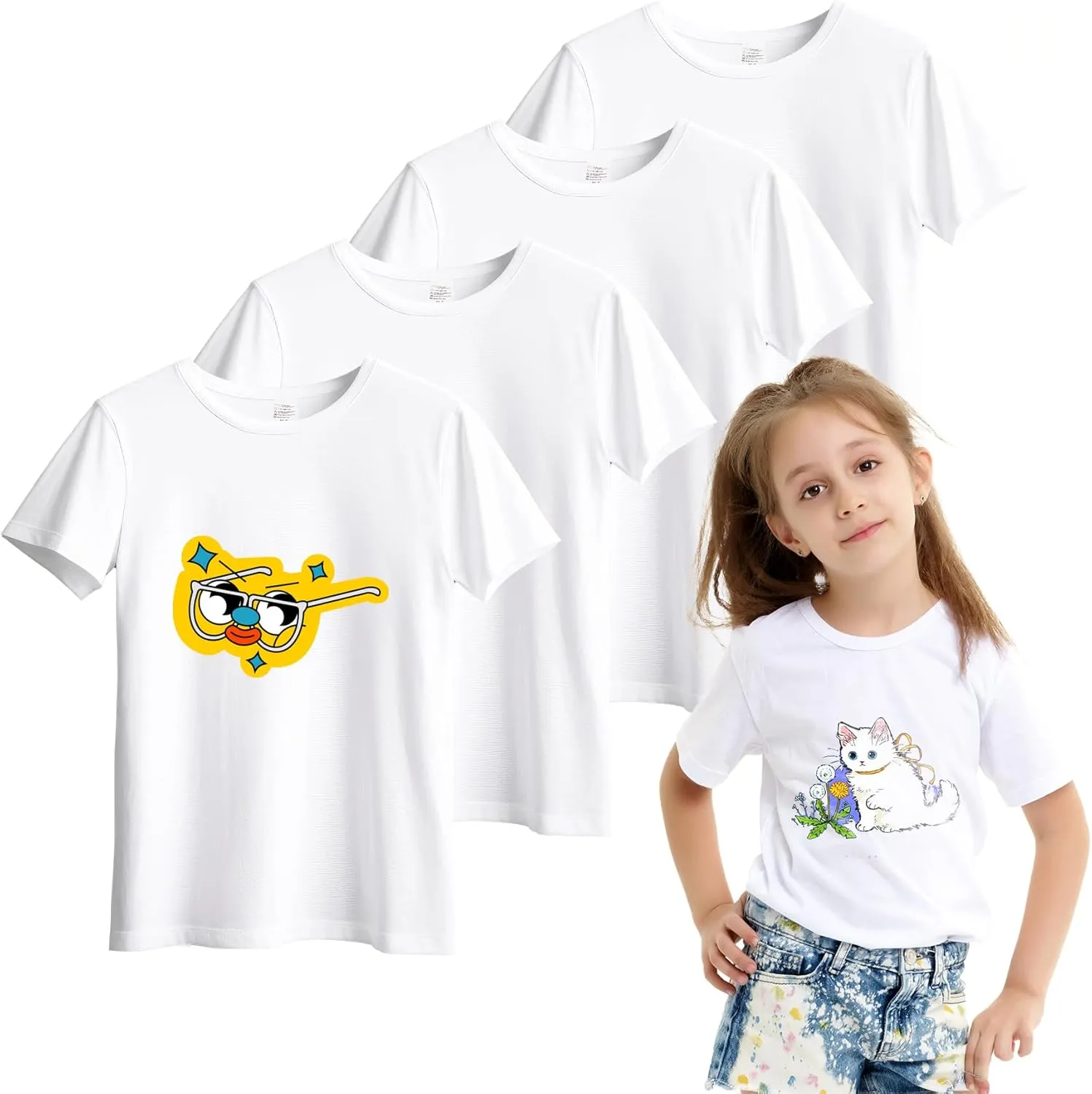 5 Pieces Toddler Blank Sublimation T-Shirt Modal Crew Neck Short Sleeve T-Shirt for Kids