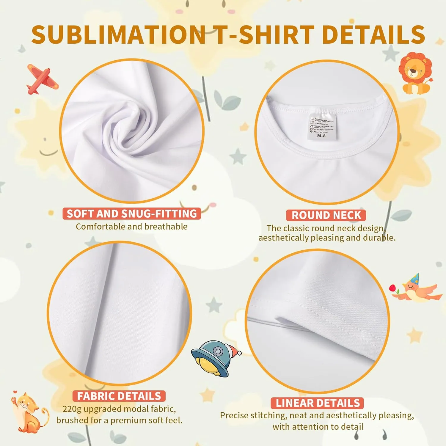 5 Pieces Toddler Blank Sublimation T-Shirt Modal Crew Neck Short Sleeve T-Shirt for Kids