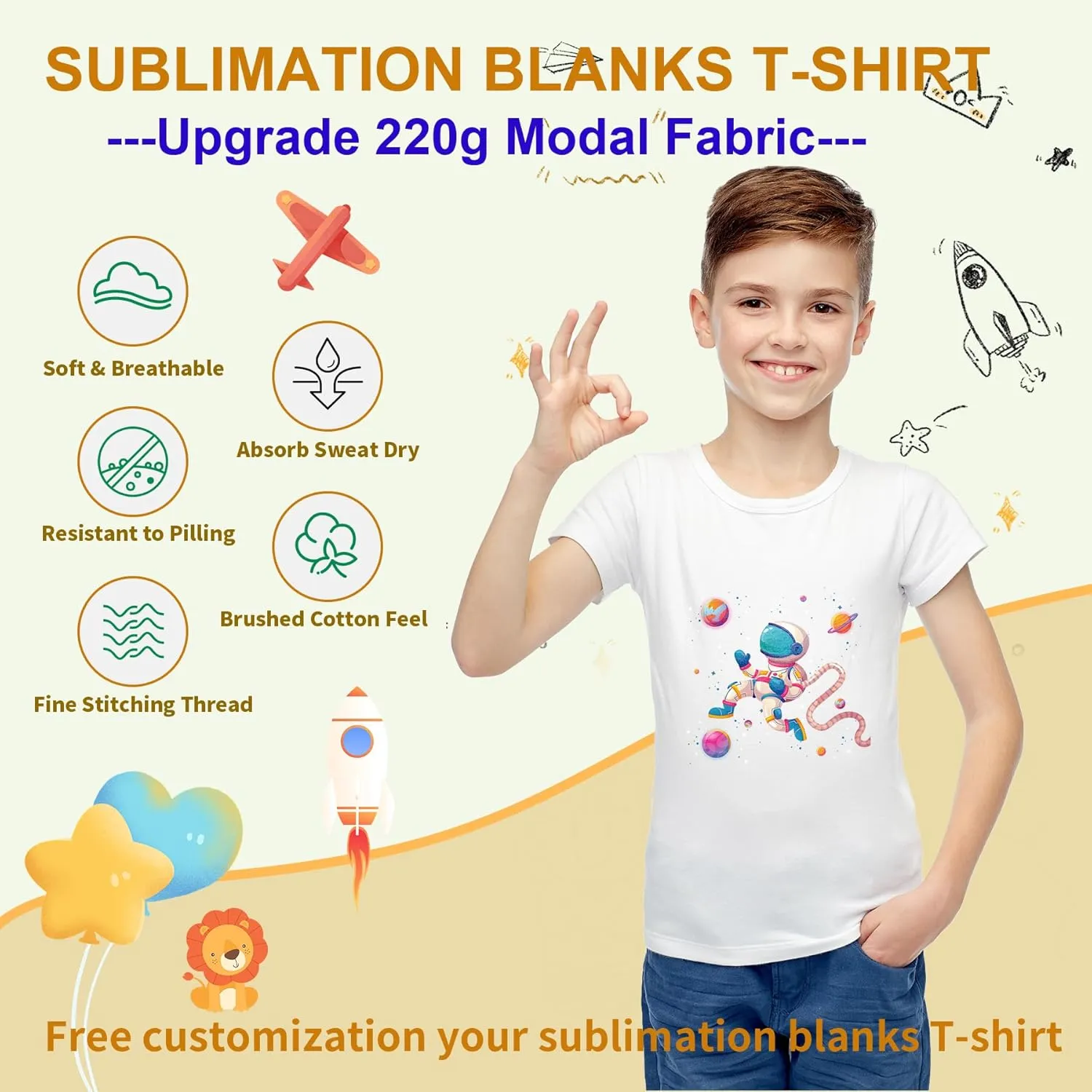 5 Pieces Toddler Blank Sublimation T-Shirt Modal Crew Neck Short Sleeve T-Shirt for Kids
