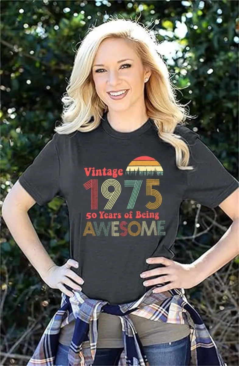 50th Birthday Gift for Women Vintage 1975 Shirts Letter Print Retro Birthday Tops Casual Short Sleeve Tee