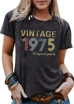 50th Birthday Gift for Women Vintage 1975 Shirts Letter Print Retro Birthday Tops Casual Short Sleeve Tee