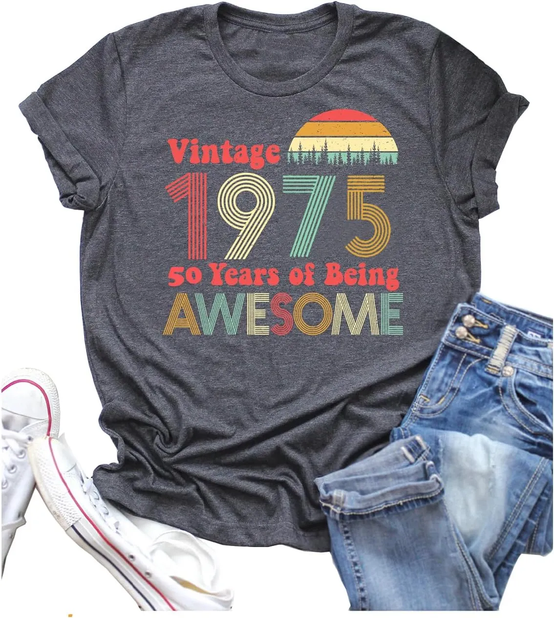 50th Birthday Gift for Women Vintage 1975 Shirts Letter Print Retro Birthday Tops Casual Short Sleeve Tee