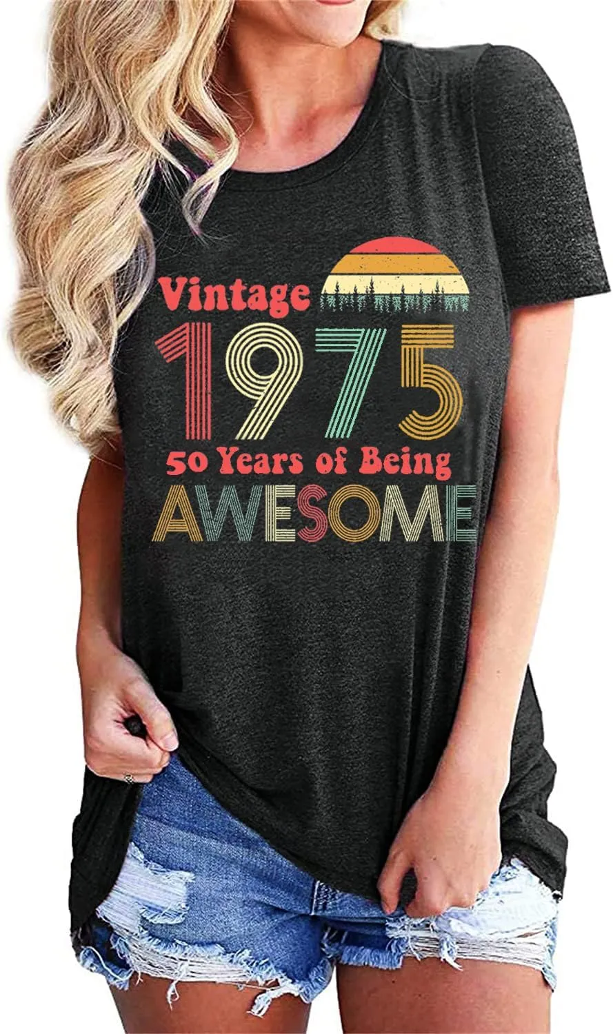 50th Birthday Gift for Women Vintage 1975 Shirts Letter Print Retro Birthday Tops Casual Short Sleeve Tee
