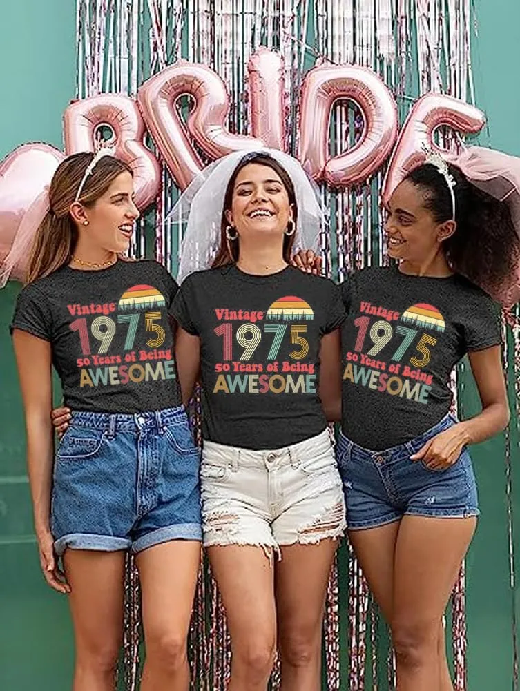 50th Birthday Gift for Women Vintage 1975 Shirts Letter Print Retro Birthday Tops Casual Short Sleeve Tee