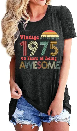 50th Birthday Gift for Women Vintage 1975 Shirts Letter Print Retro Birthday Tops Casual Short Sleeve Tee