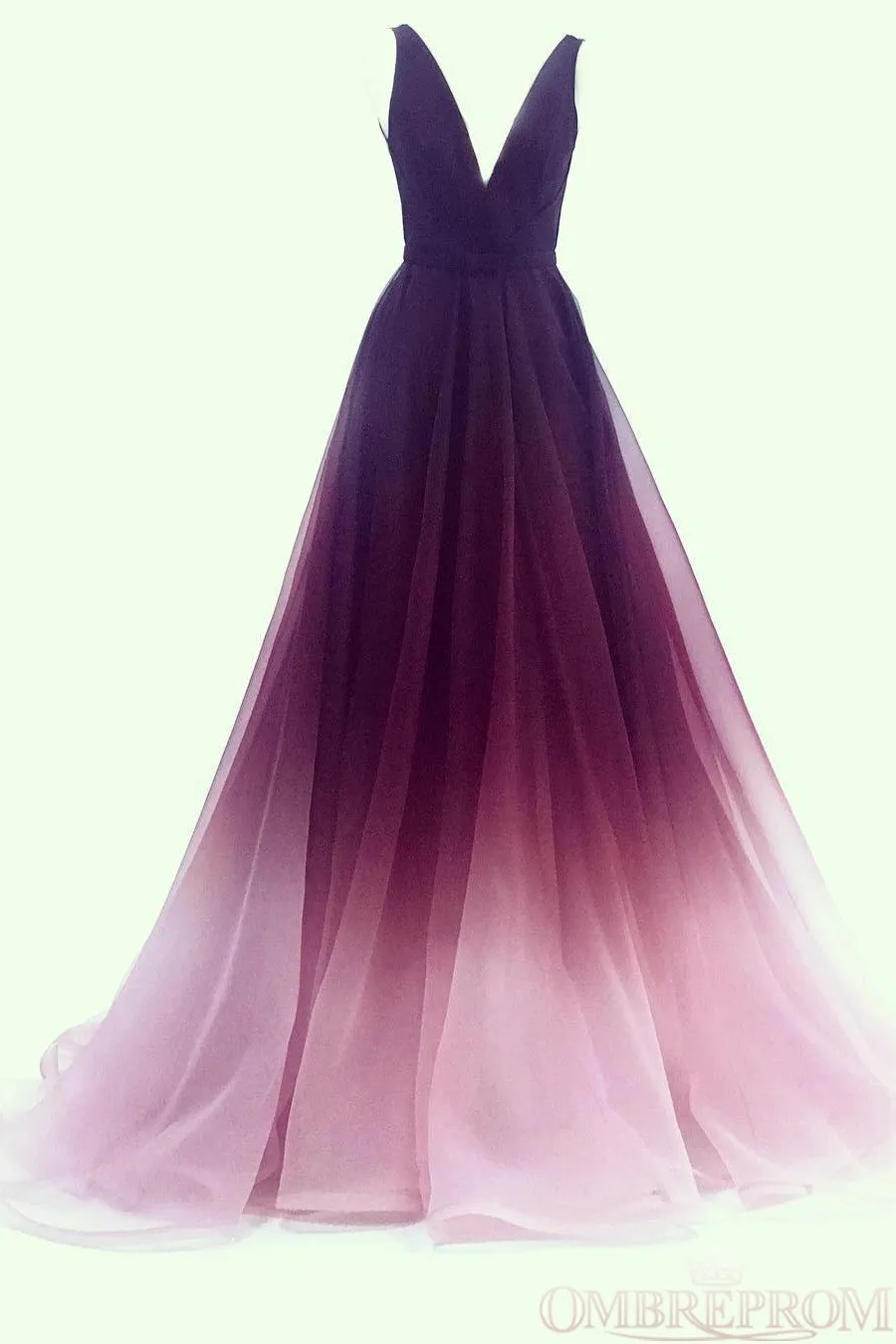 A-line V-neck Tulle Ombre Long Prom Dresses Simple Formal Gown