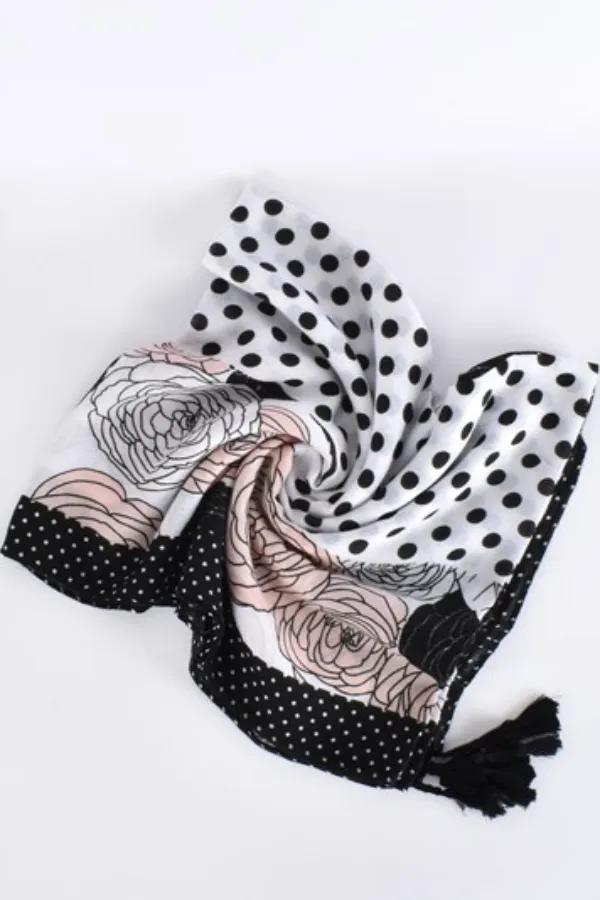 Adorne Floral Tassel Edge Scarf  - Black/Mocha