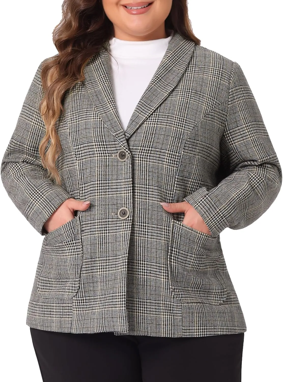 Agnes Orinda Plus Size Plaid Blazer for Women Lapel Jacket Work Office Single Breasted Blazers