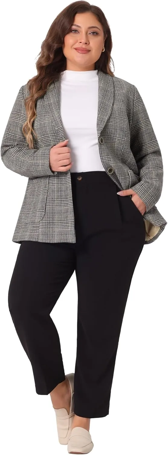 Agnes Orinda Plus Size Plaid Blazer for Women Lapel Jacket Work Office Single Breasted Blazers