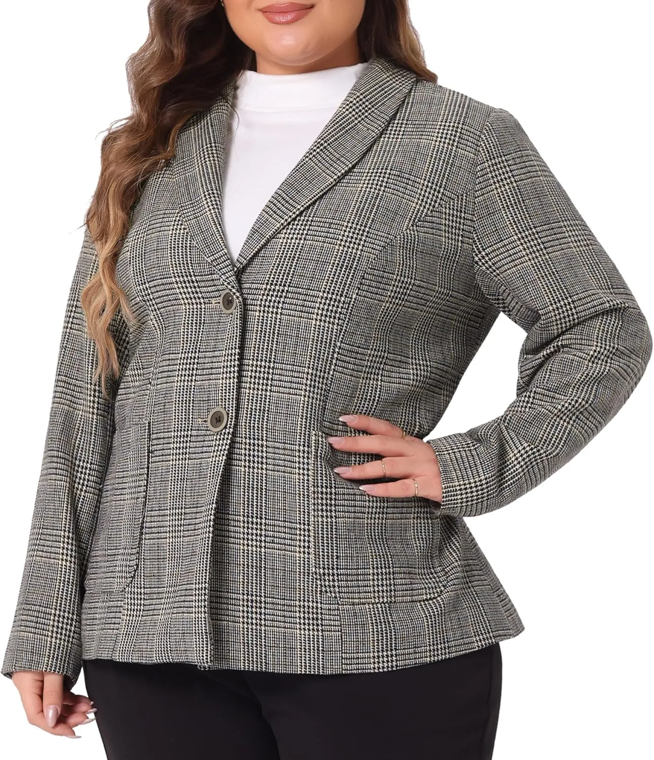 Agnes Orinda Plus Size Plaid Blazer for Women Lapel Jacket Work Office Single Breasted Blazers