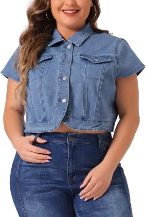 Agnes Orinda Plus Size Short Sleeve Denim Jackets for Women Y2K Button Down Tops Streetwear Cropped Jean Jacket