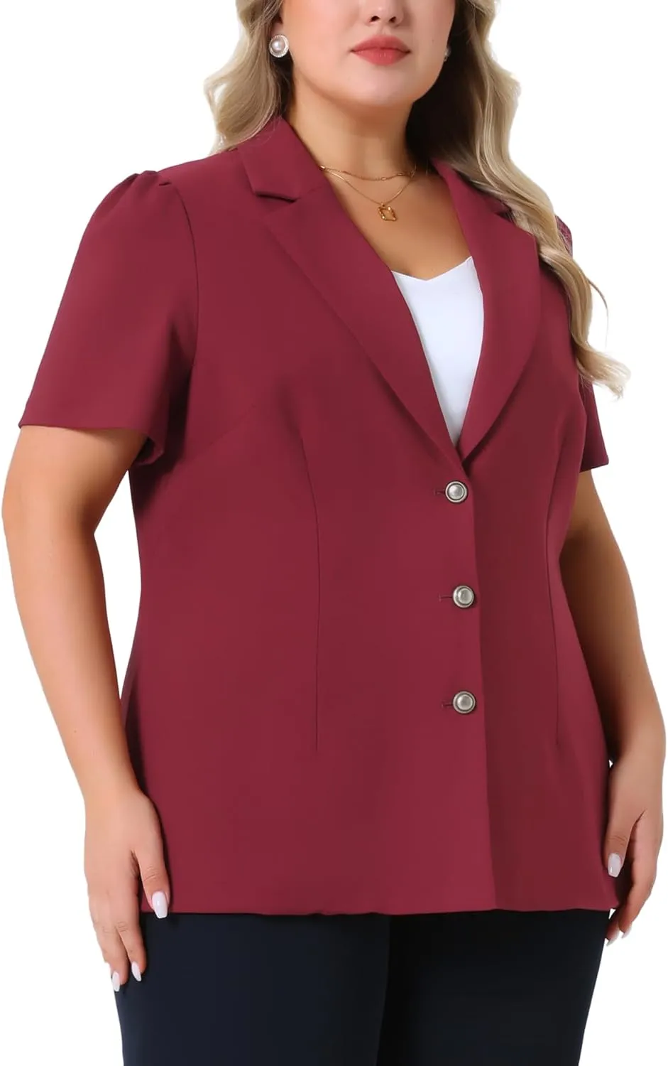 Agnes Orinda Plus Size Women Blazers Short Puff Sleeve Notched Lapel Single Breasted Office Blazer Jackets
