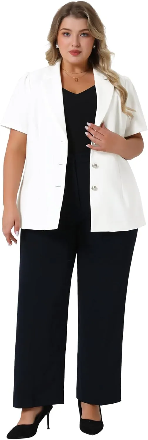 Agnes Orinda Plus Size Women Blazers Short Puff Sleeve Notched Lapel Single Breasted Office Blazer Jackets