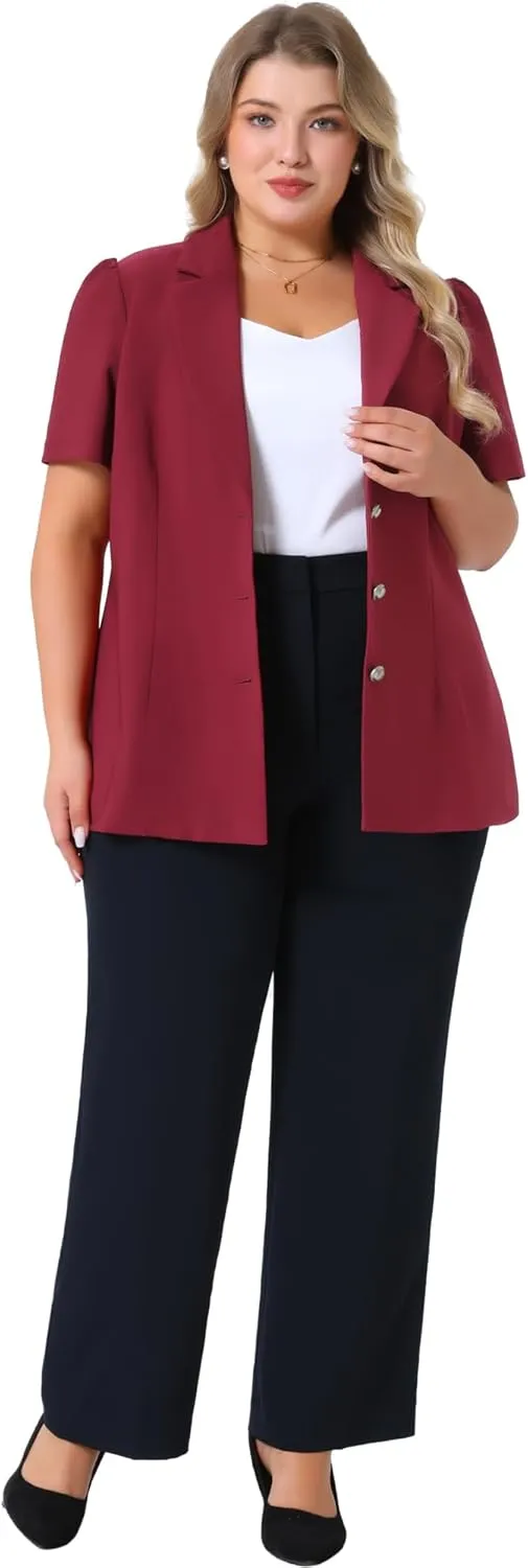 Agnes Orinda Plus Size Women Blazers Short Puff Sleeve Notched Lapel Single Breasted Office Blazer Jackets