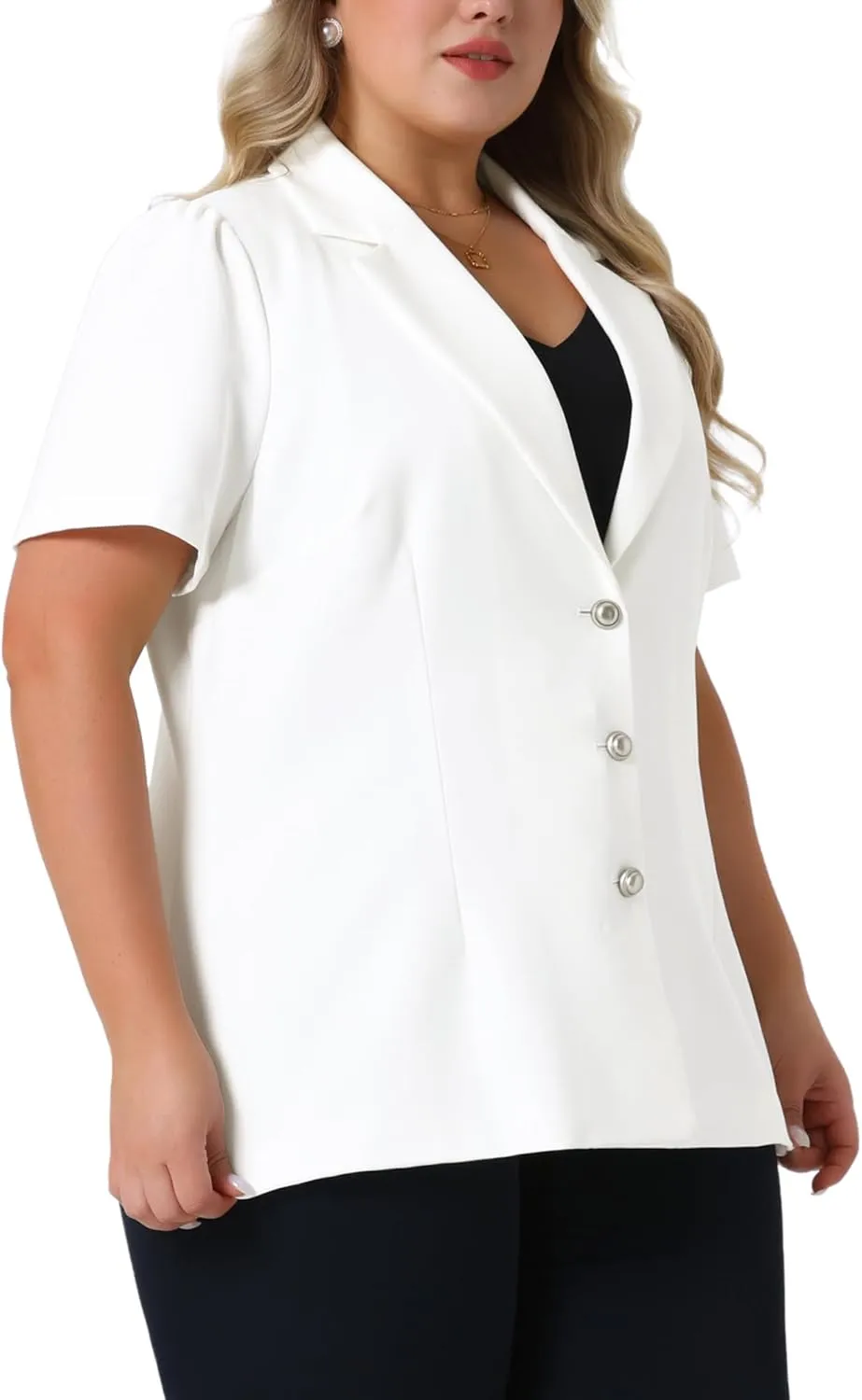 Agnes Orinda Plus Size Women Blazers Short Puff Sleeve Notched Lapel Single Breasted Office Blazer Jackets