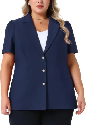 Agnes Orinda Plus Size Women Blazers Short Puff Sleeve Notched Lapel Single Breasted Office Blazer Jackets