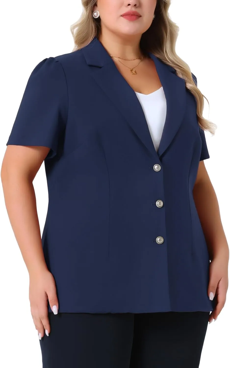 Agnes Orinda Plus Size Women Blazers Short Puff Sleeve Notched Lapel Single Breasted Office Blazer Jackets