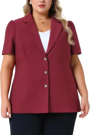 Agnes Orinda Plus Size Women Blazers Short Puff Sleeve Notched Lapel Single Breasted Office Blazer Jackets