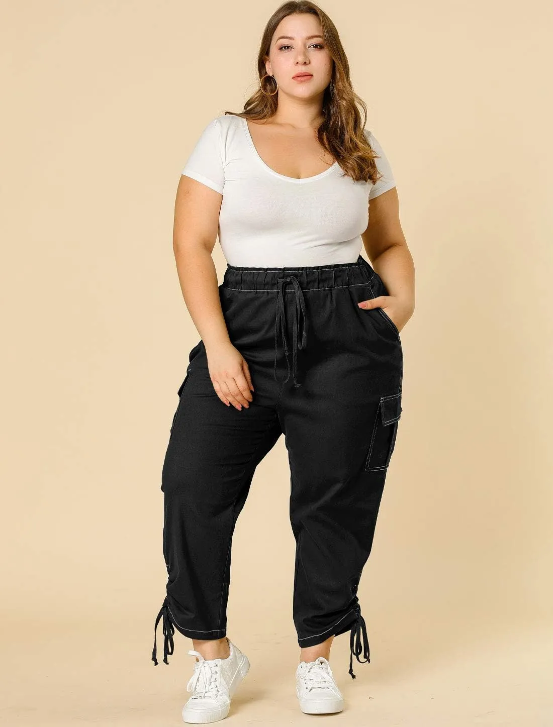 Agnes Orinda Women's Plus Size Drawstring Elastic Waist Cargo Pants with Pocket