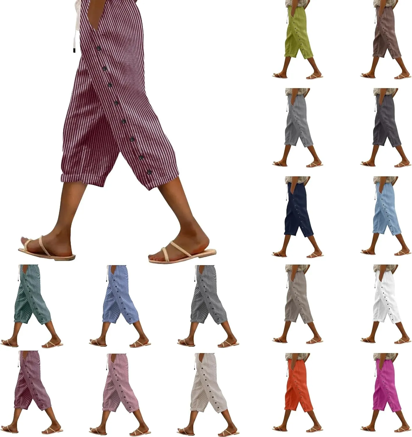 aihihe Linen Capri Pants for Women Casual Summer Striped Button Culottes Drawstring Cropped Pant Beach Travel Lounge Capris