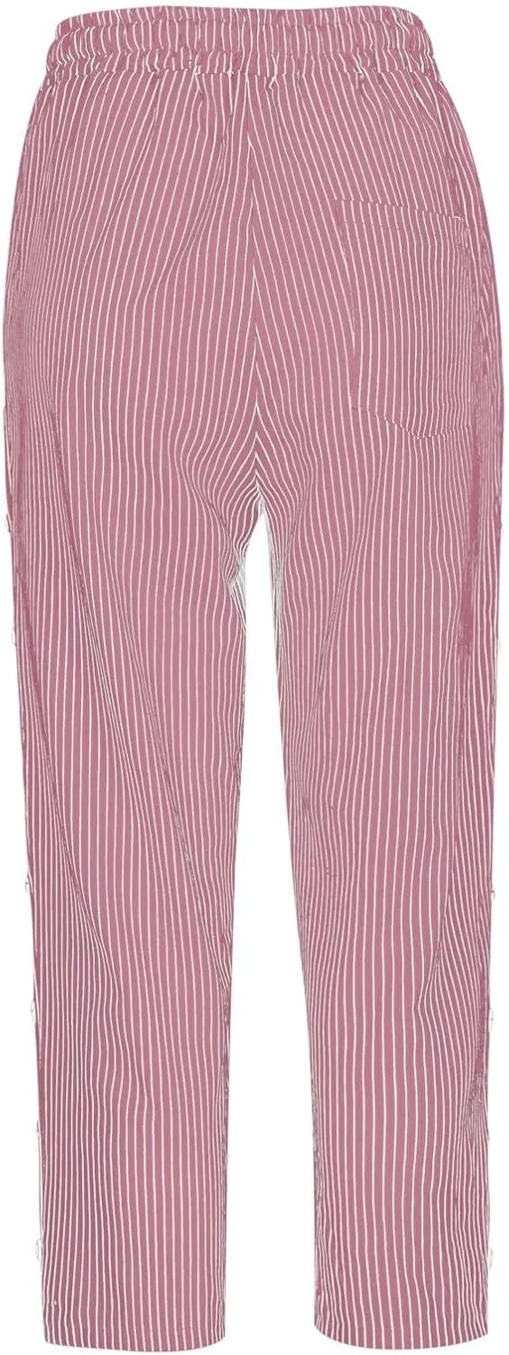 aihihe Linen Capri Pants for Women Casual Summer Striped Button Culottes Drawstring Cropped Pant Beach Travel Lounge Capris