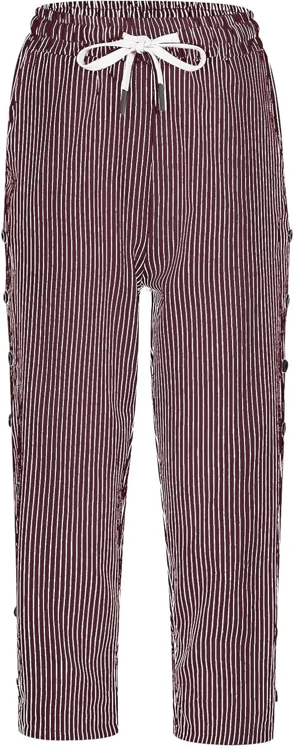 aihihe Linen Capri Pants for Women Casual Summer Striped Button Culottes Drawstring Cropped Pant Beach Travel Lounge Capris