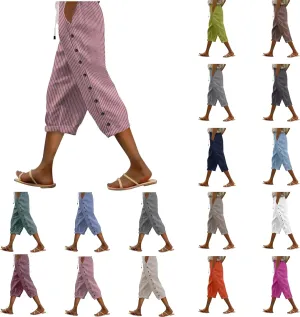aihihe Linen Capri Pants for Women Casual Summer Striped Button Culottes Drawstring Cropped Pant Beach Travel Lounge Capris