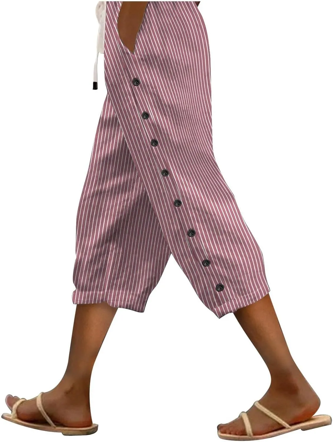 aihihe Linen Capri Pants for Women Casual Summer Striped Button Culottes Drawstring Cropped Pant Beach Travel Lounge Capris
