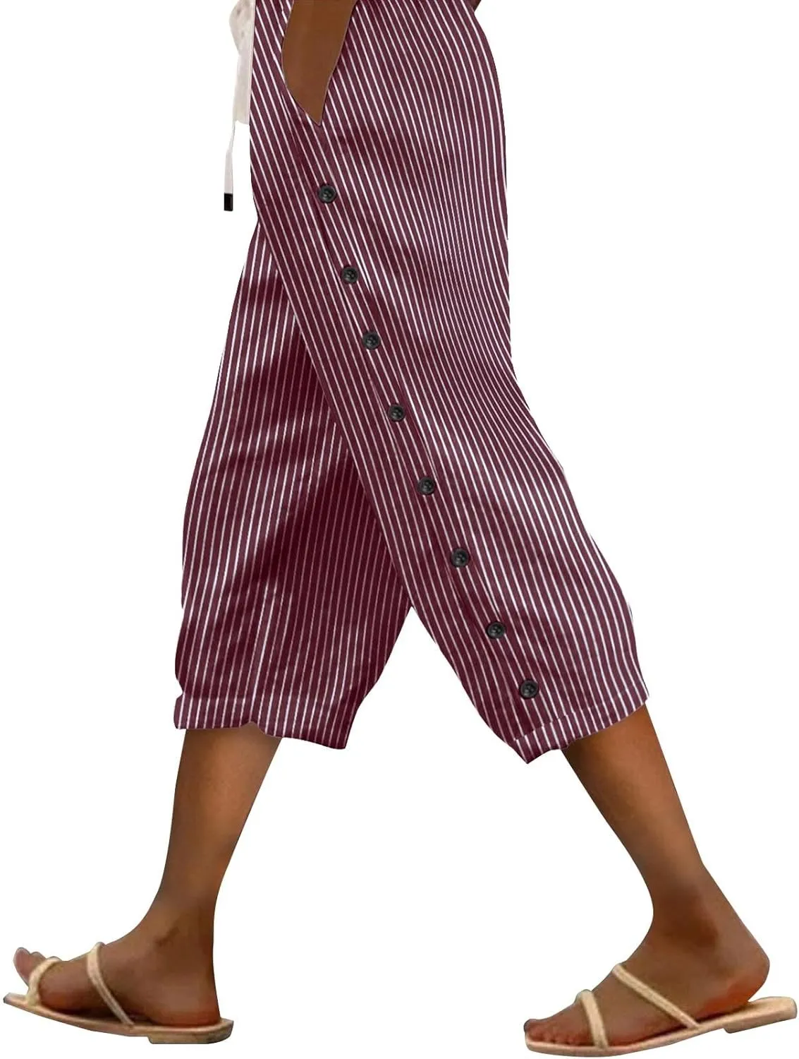 aihihe Linen Capri Pants for Women Casual Summer Striped Button Culottes Drawstring Cropped Pant Beach Travel Lounge Capris
