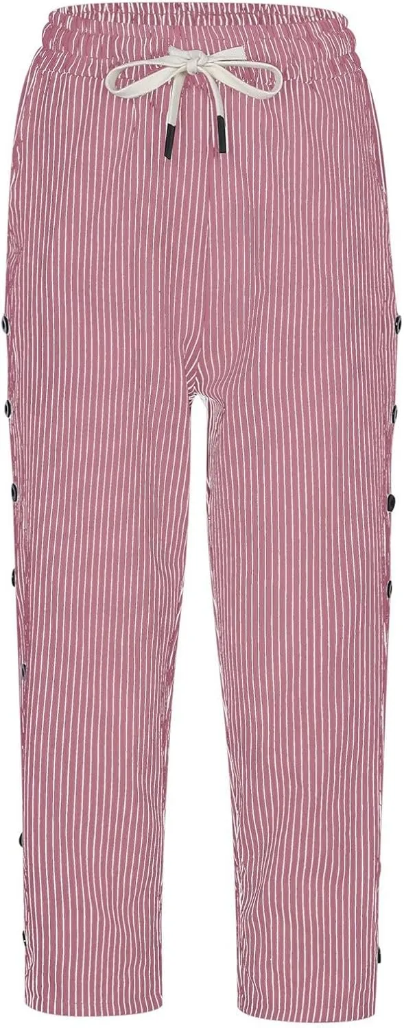 aihihe Linen Capri Pants for Women Casual Summer Striped Button Culottes Drawstring Cropped Pant Beach Travel Lounge Capris