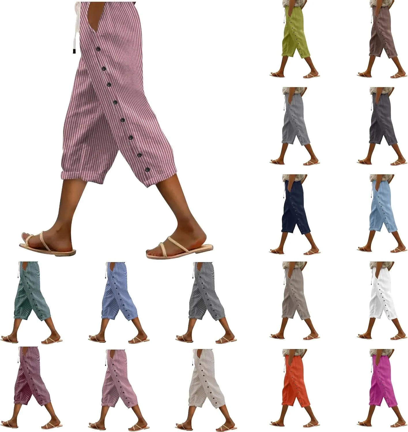 aihihe Linen Capri Pants for Women Casual Summer Striped Button Culottes Drawstring Cropped Pant Beach Travel Lounge Capris