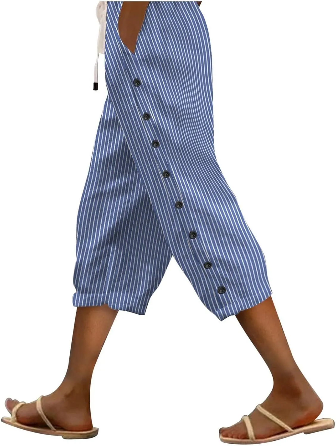 aihihe Linen Capri Pants for Women Casual Summer Striped Button Culottes Drawstring Cropped Pant Beach Travel Lounge Capris