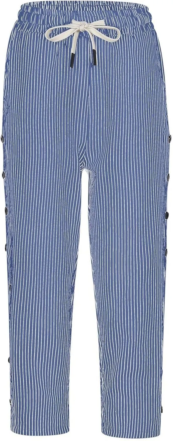 aihihe Linen Capri Pants for Women Casual Summer Striped Button Culottes Drawstring Cropped Pant Beach Travel Lounge Capris