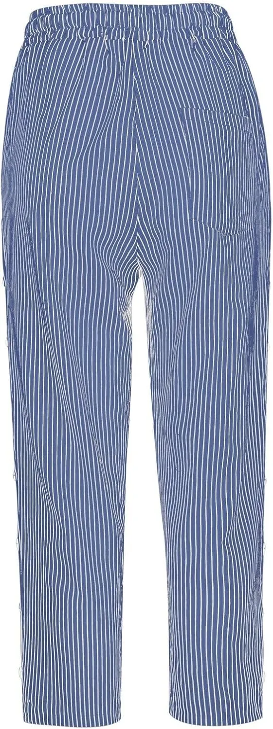 aihihe Linen Capri Pants for Women Casual Summer Striped Button Culottes Drawstring Cropped Pant Beach Travel Lounge Capris