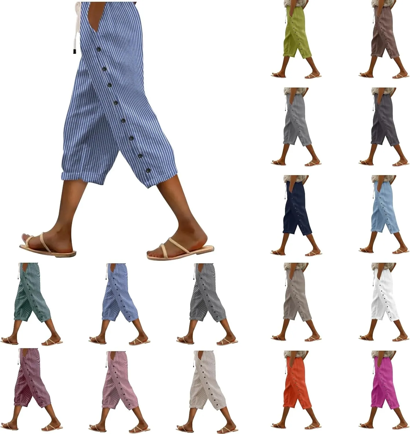 aihihe Linen Capri Pants for Women Casual Summer Striped Button Culottes Drawstring Cropped Pant Beach Travel Lounge Capris