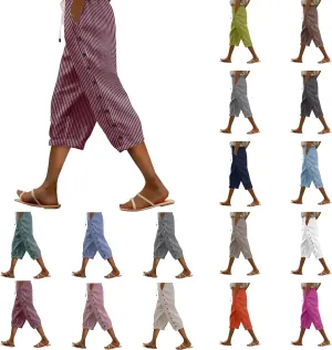 aihihe Linen Capri Pants for Women Casual Summer Striped Button Culottes Drawstring Cropped Pant Beach Travel Lounge Capris
