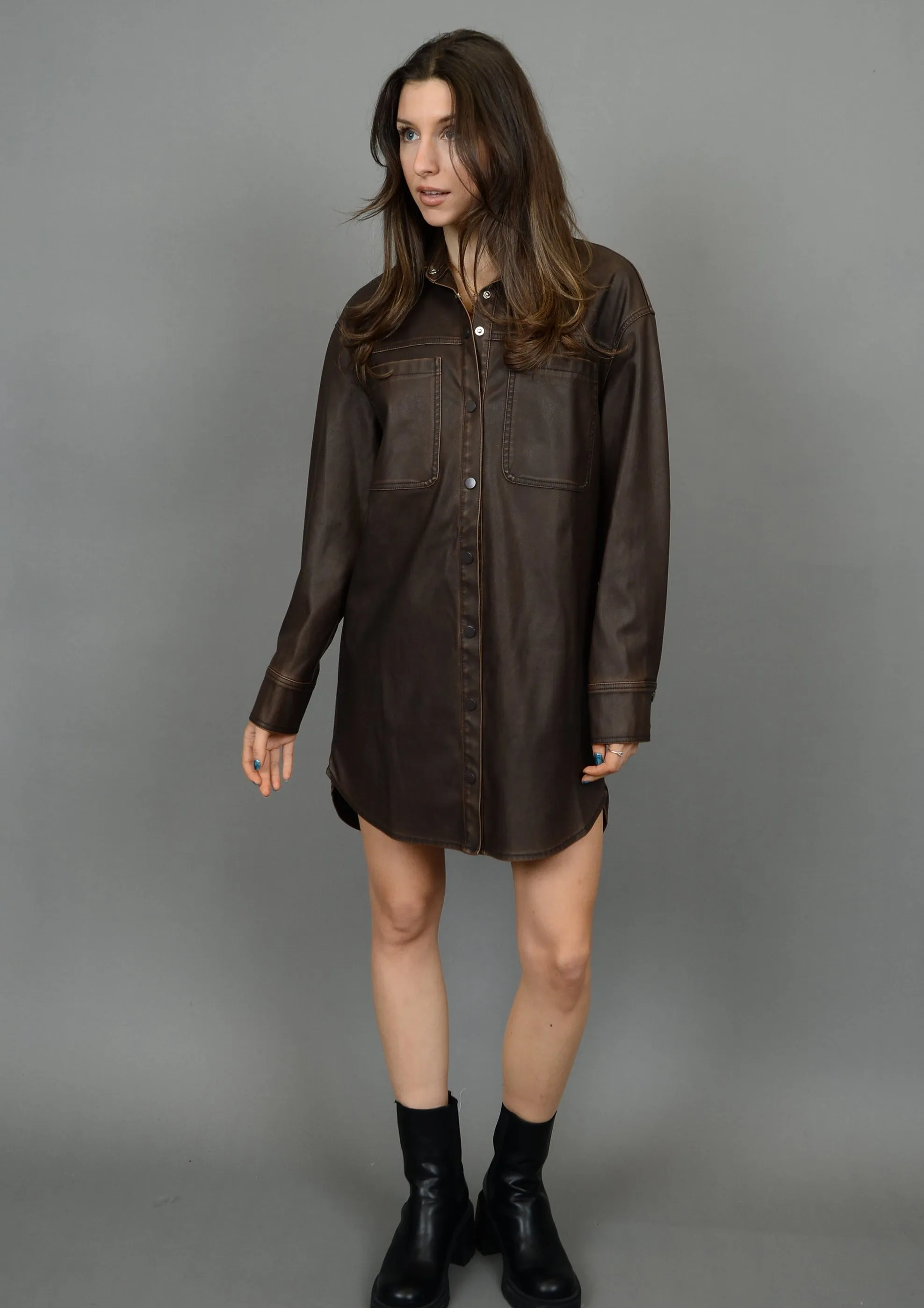 Aliska Distressed Faux Leather Snap Front Shirt Dress | Cedar Brown