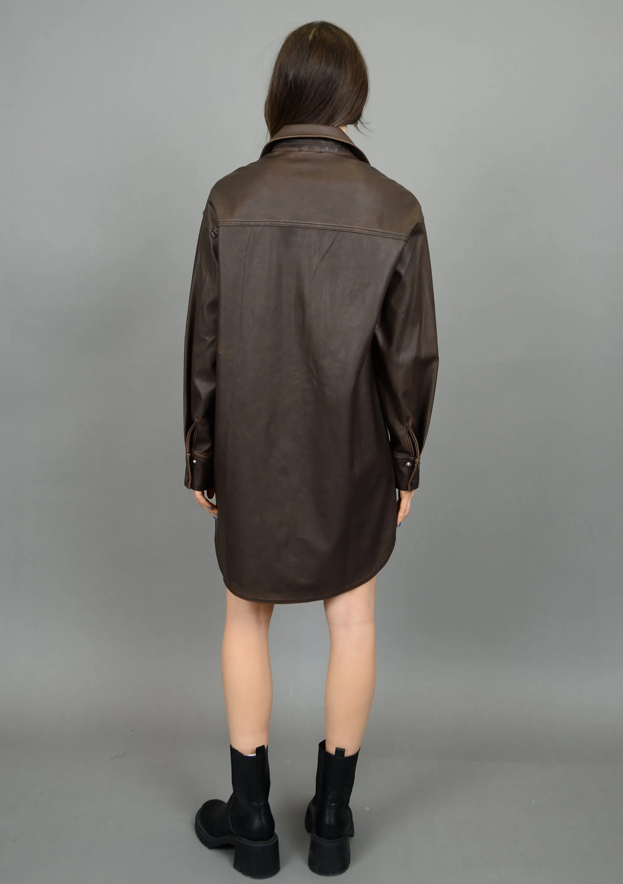 Aliska Distressed Faux Leather Snap Front Shirt Dress | Cedar Brown