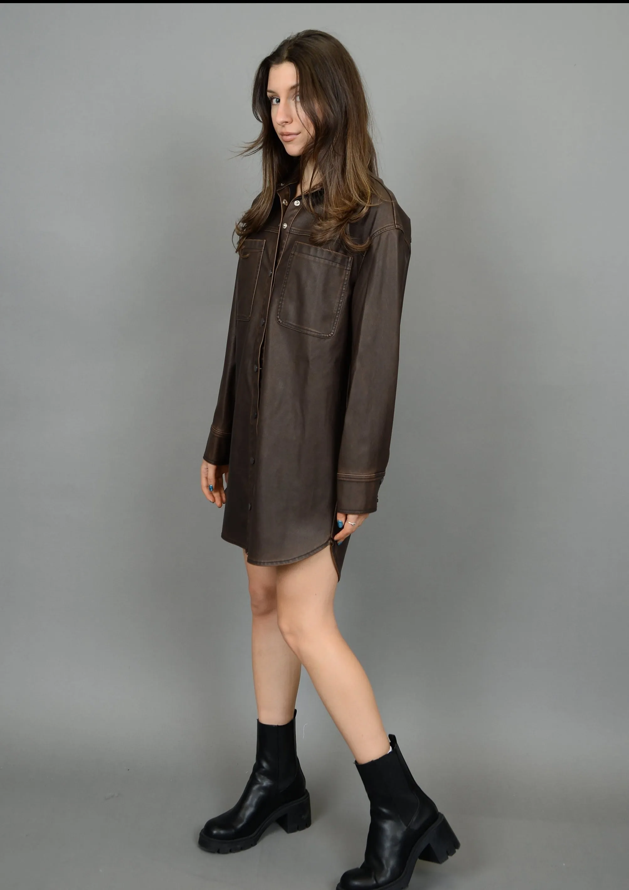 Aliska Distressed Faux Leather Snap Front Shirt Dress | Cedar Brown